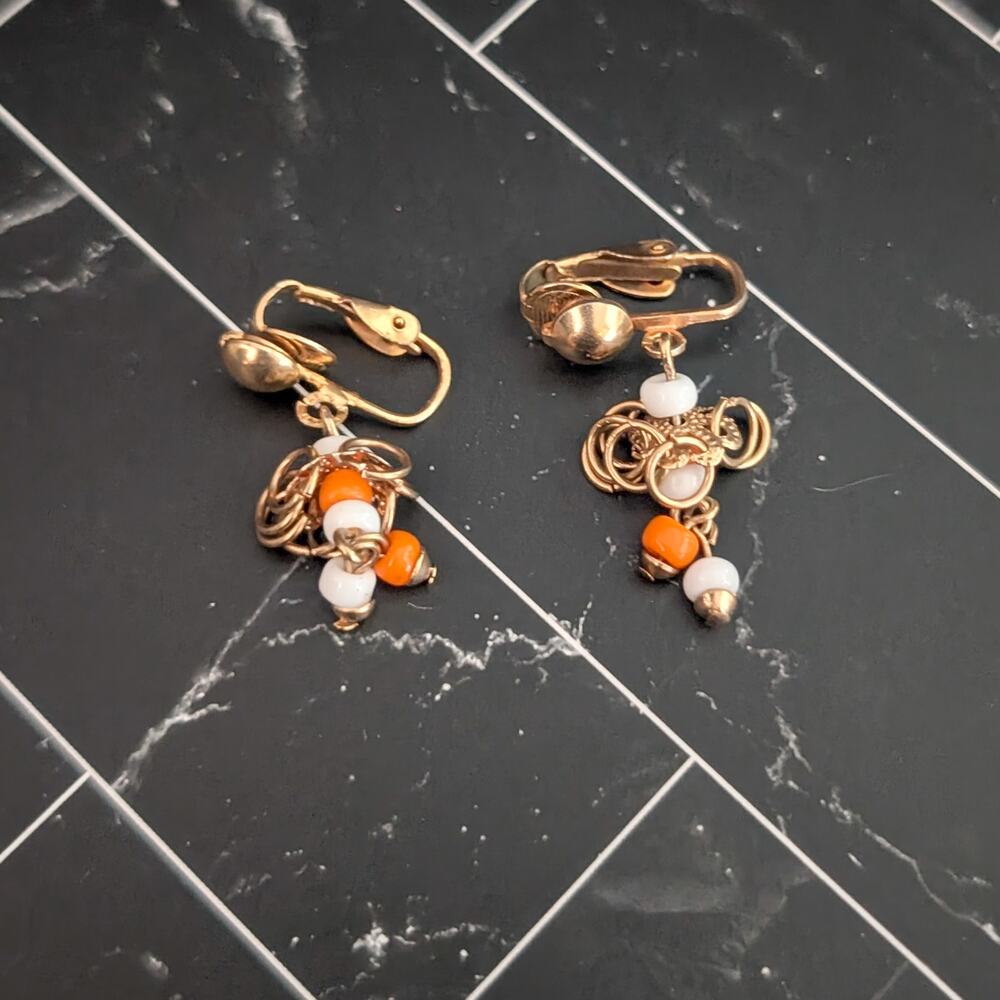 Vintage Clip On Earrings 1 & 1/8" Dainty & Light - Orange and White Dangle